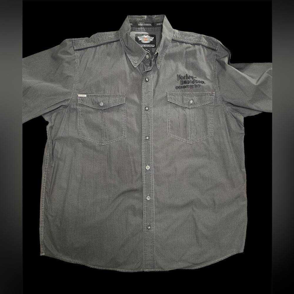 Harley-Davidson Mens Grey Black Patterned Button Up Shirt Logo Patch XL‎